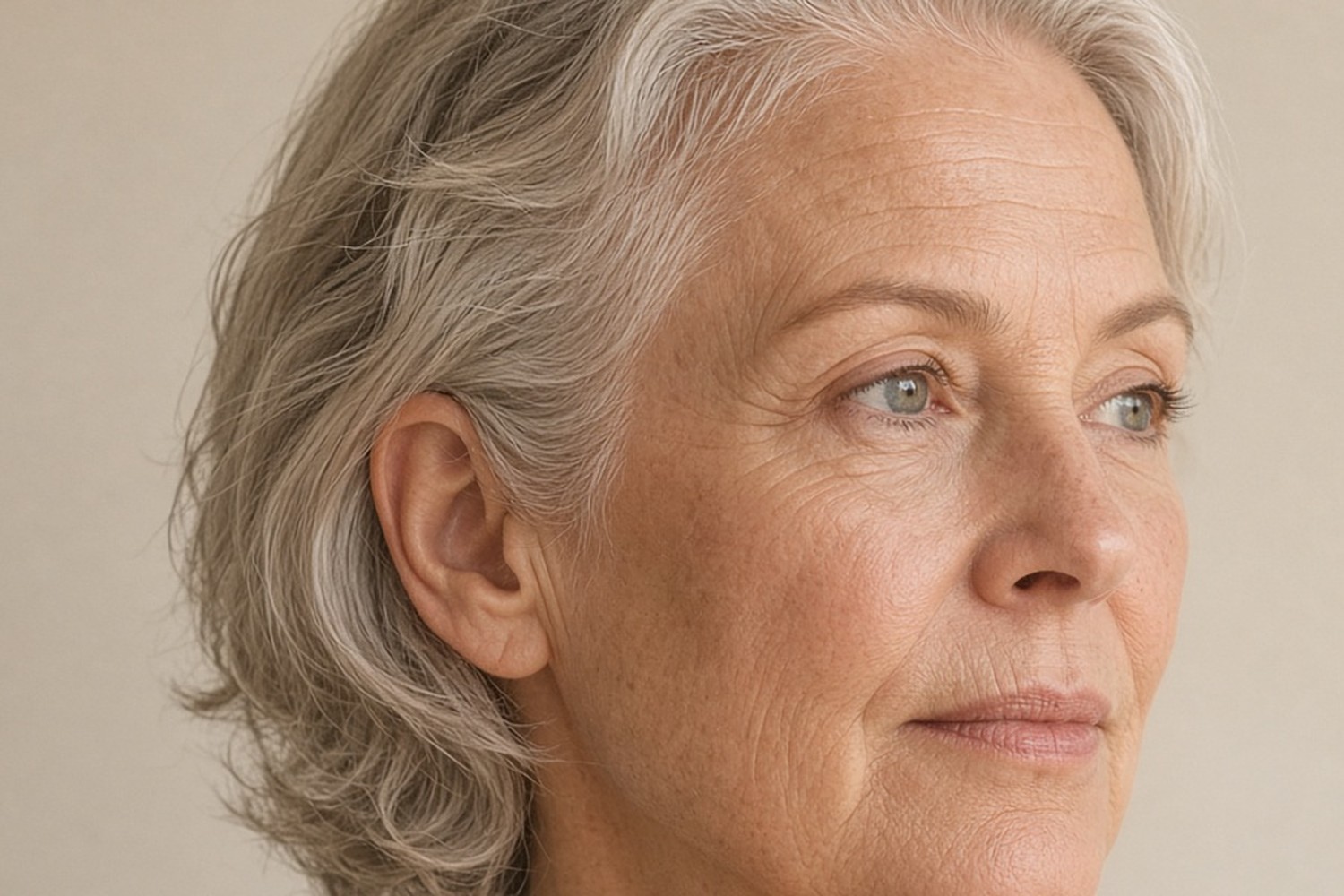 Close-up of a mature forehead and hairline in natural light