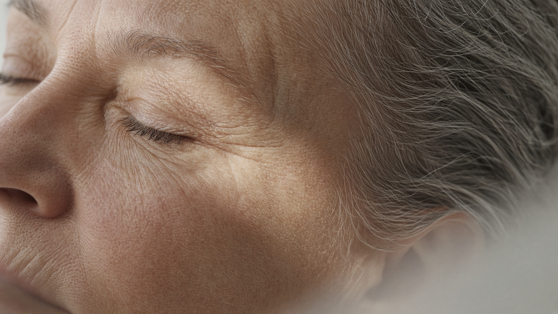 Mature cheek in window light, as before a clinic treatment