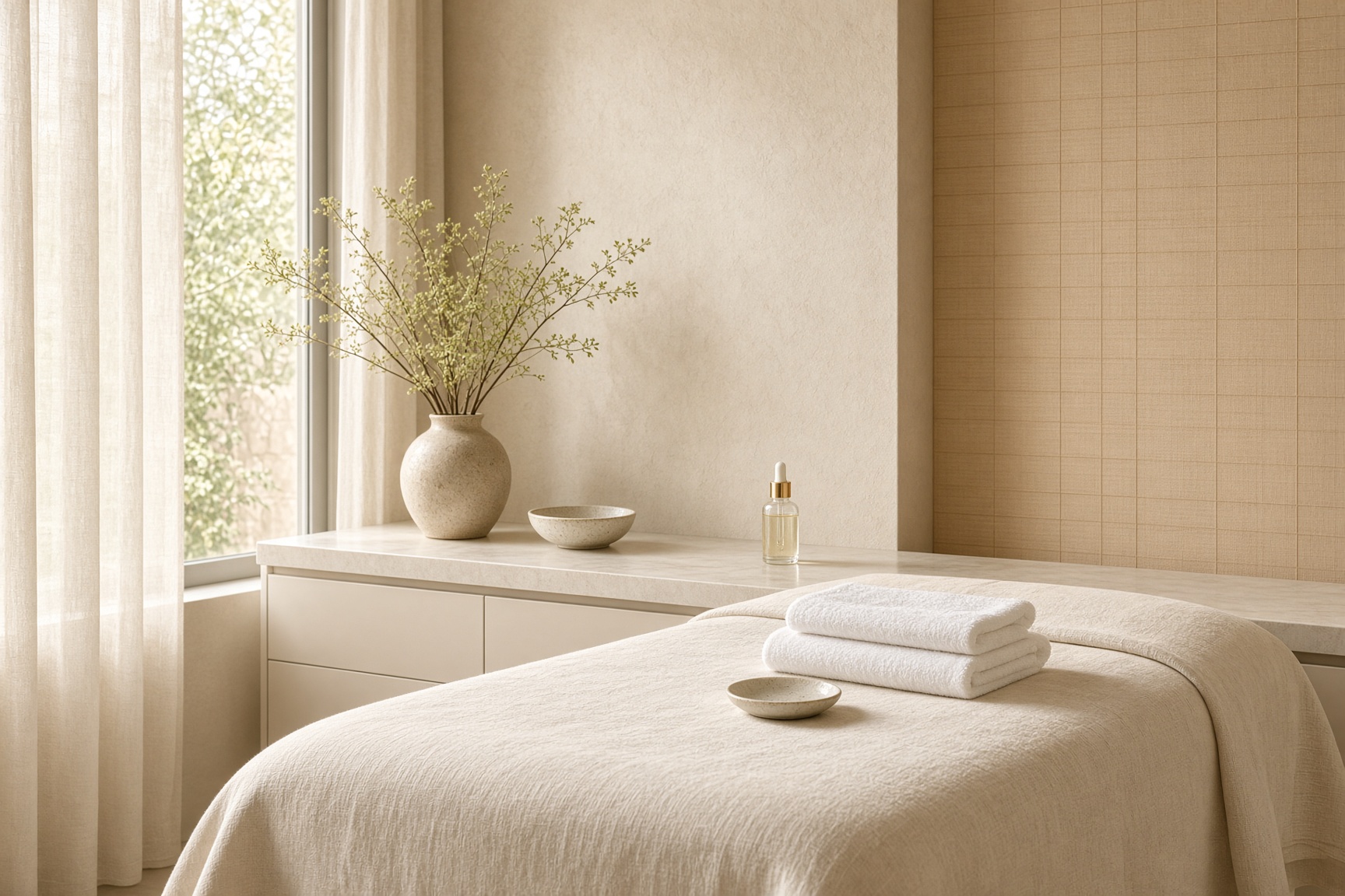 Clinic treatment room with linen, towels and a serum bottle in daylight